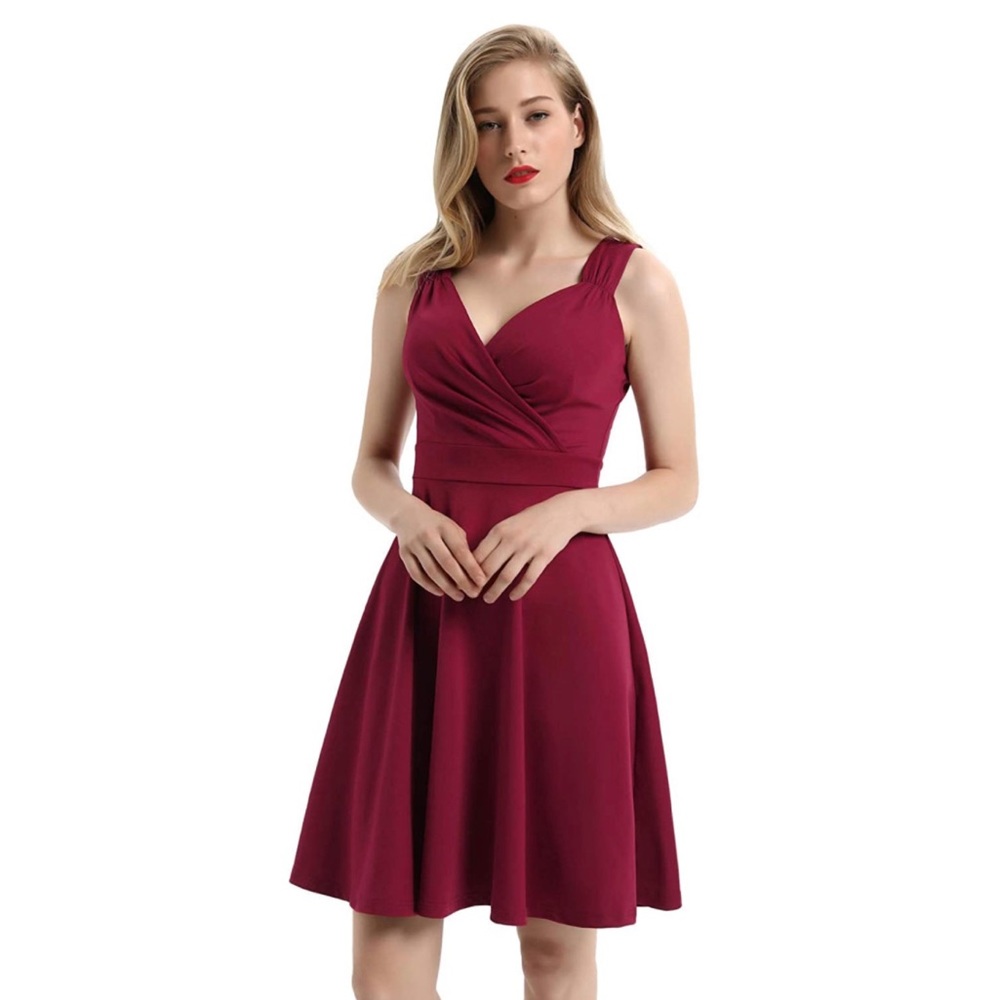 NWT ✨ Elegant Wine Red V-Neck A-Line Cocktail Dress